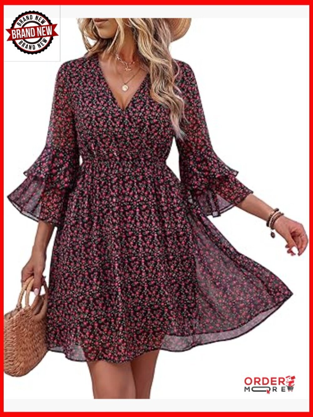 3/4 Ruffle Sleeve V Neck Flowy Chiffon A-Line Dress